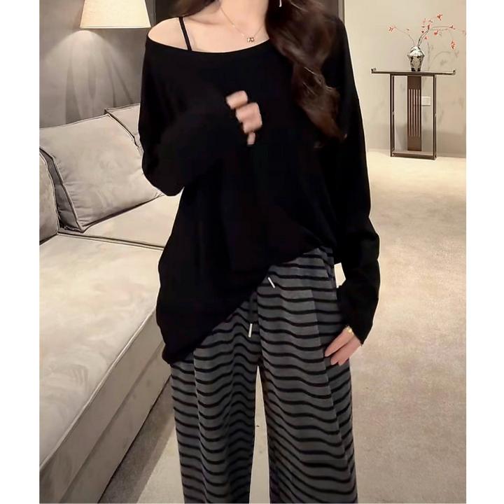 U领纯色慵懒简约大领口宽松oversize高级2025春夏款长袖打底T恤女