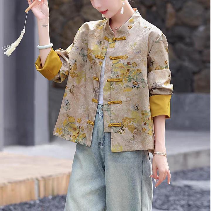 交织纱印花新中式秋装超火唐装短外套女2025年文艺国风盘扣上衣女