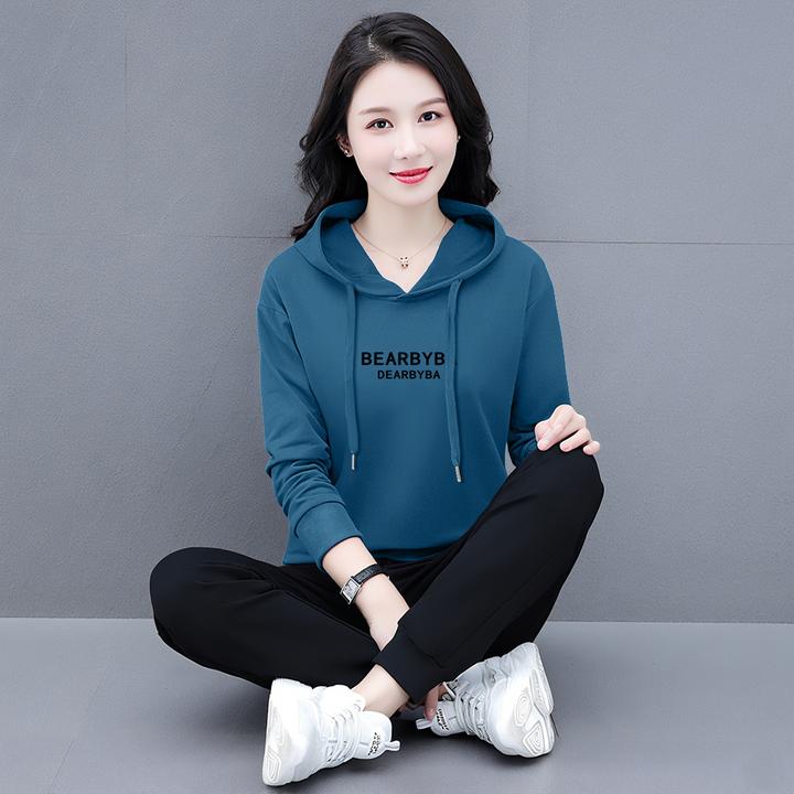 时尚洋气秋冬加绒简约加厚女士印花宽松大码休闲运动新款长袖套装