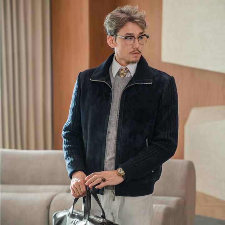 BC蓝色针织拼接复古羊皮正绒羊皮男士休闲翻领修身秋冬季