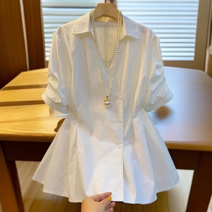 大码女装白色短袖衬衫女显瘦胖妹妹胖mm气质收腰上衣2025夏季新款
