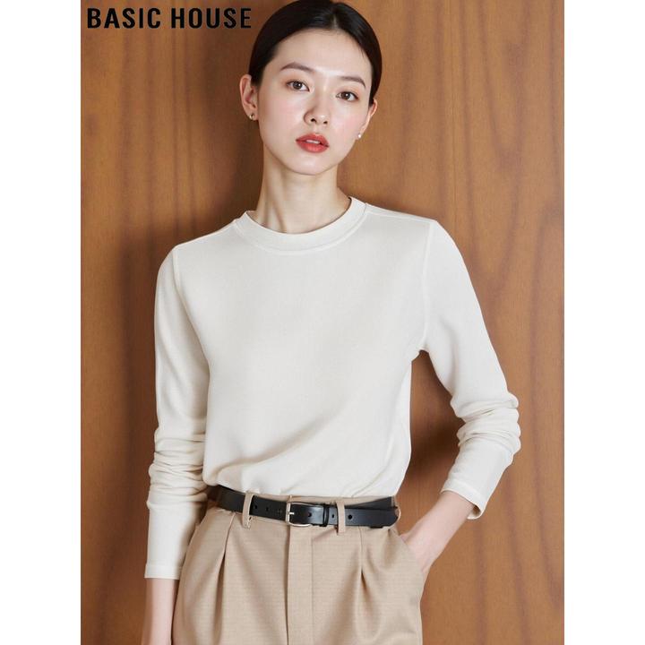 Basic House/百家好正肩含羊毛长袖T恤女2026秋冬白色打底衫
