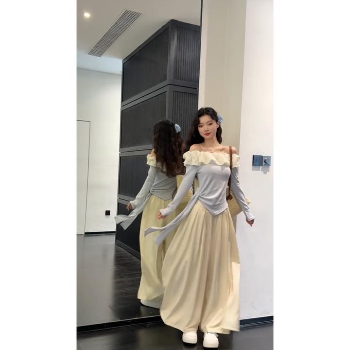 MARIE.COCO法式纯欲风一字肩不规则长袖上衣休闲气质阔腿裤套装