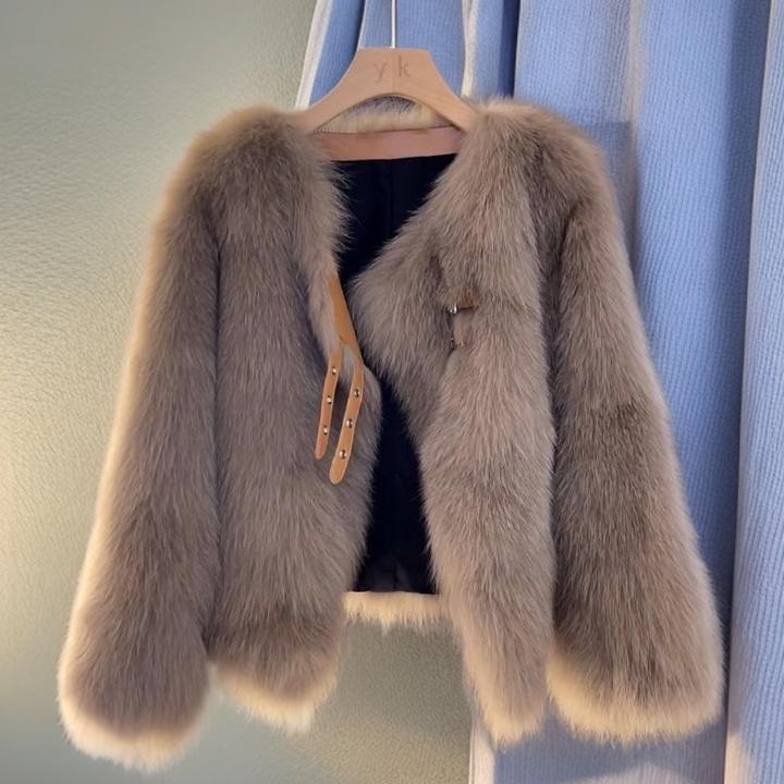 人造皮草 毛绒外套常规女V领长袖双排扣人造皮草休闲女装短款翻领