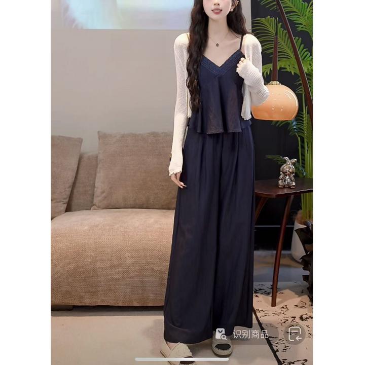 夏季复古减龄洋气藏蓝色显白显瘦开衫吊带上衣休闲阔腿裤三件套女