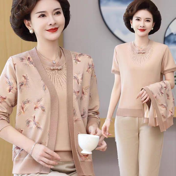 气质妈妈秋季洋派两件套阔太太针织开衫上衣中老年洋气女装两件装