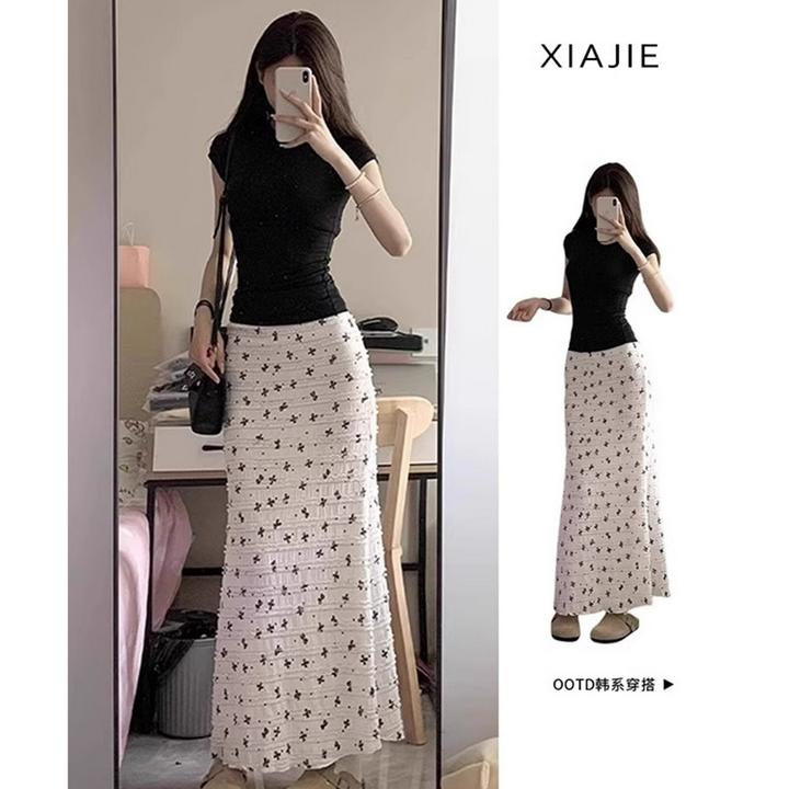 白色蕾丝半身裙子夏季新款小个子印花鱼尾蝴蝶结甜美可爱出游服装