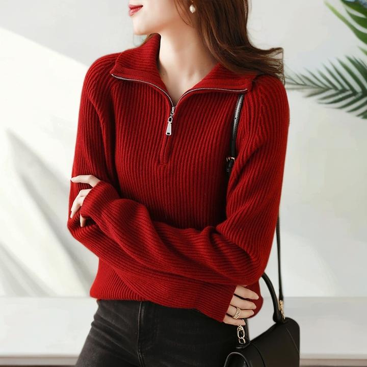 秋冬女款爆款羊毛衫圣诞新年毛衣慵懒加厚拉链红色内搭本命年上衣