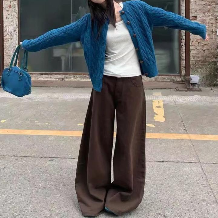 复古慵懒深色咖色阔腿牛仔裤2025冬季新款显瘦高腰宽松直筒裤