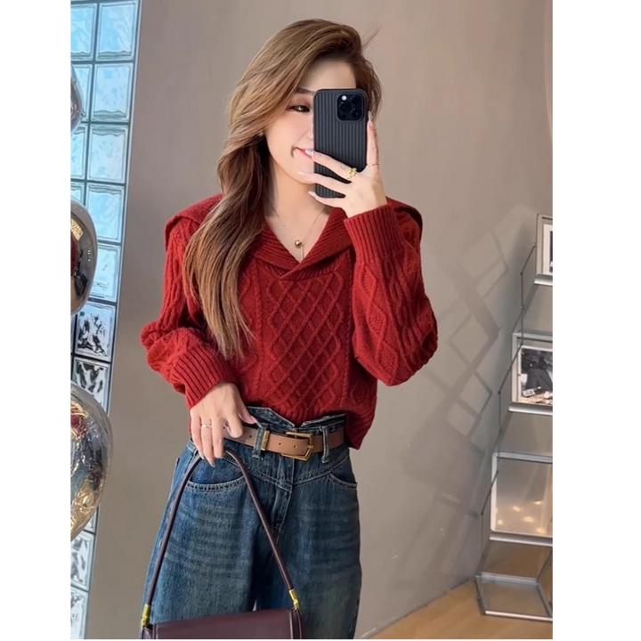 大翻领复古毛衣女春秋高腰短款小个子软糯套头长袖粗毛线针织上衣