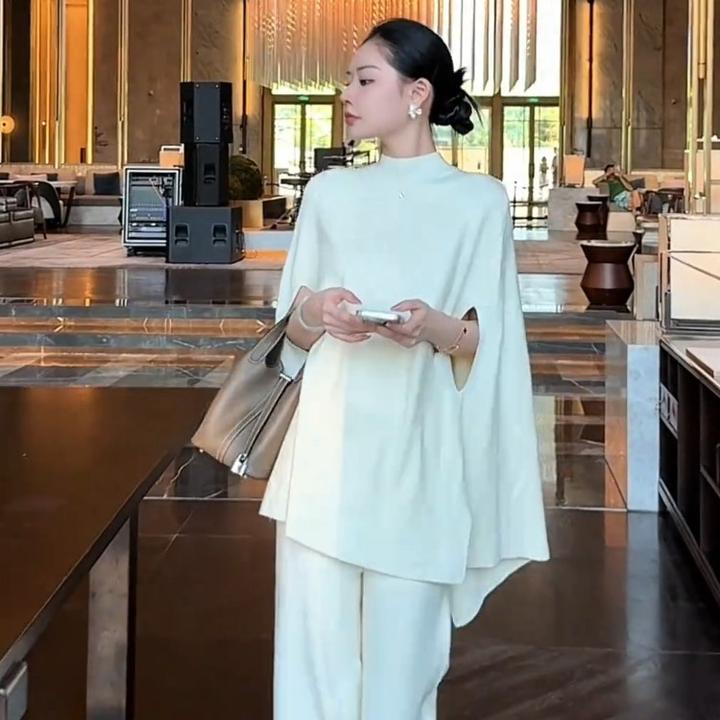 秋冬时尚设计感高端欧货慵懒风高级感蝙蝠衫上衣+袖套+直筒裤三件