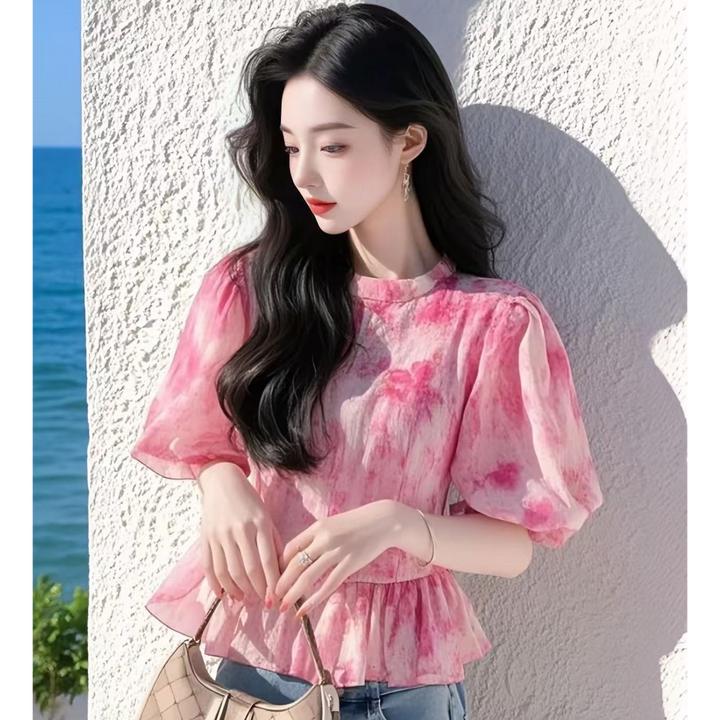 粉色碎花气质衬衫女夏季2025新款圆领收腰小众设计感防晒别致上衣