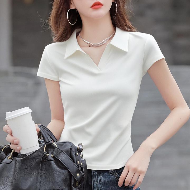 白色修身黑色短袖t恤女2025夏季新款polo领洋气上衣打底衫女内搭