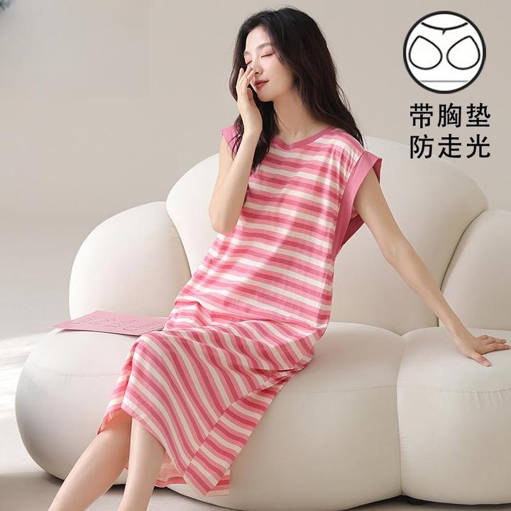 带胸垫女士无袖坎肩背心睡裙长款条纹睡衣大码家居裙2025夏季新款