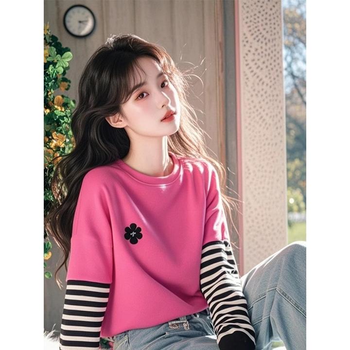 玫红色条纹拼接长袖T恤女2025春季新款小个子甜美小众多巴胺上衣