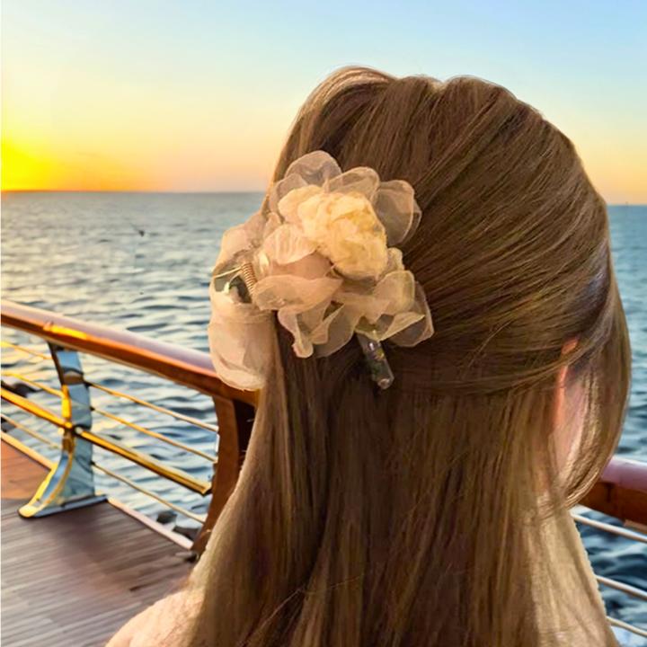 新款文艺网红发卡古风气质网纱花朵抓夹发夹法式后脑勺女发抓头饰