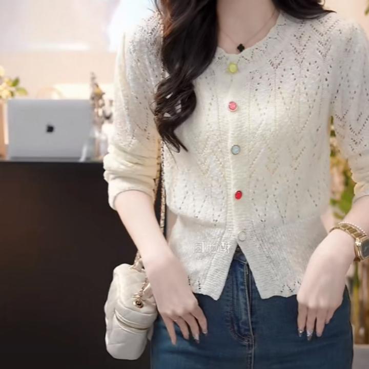 温柔百搭钩花镂空单排扣针织衫女2025新款春季设计感洋气长袖开衫
