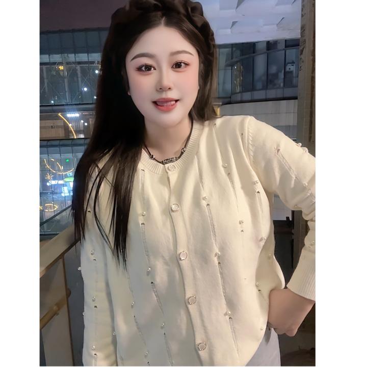 （709）2025春秋新款小香风钉珠长袖宽松显瘦设计感小众针织开衫女