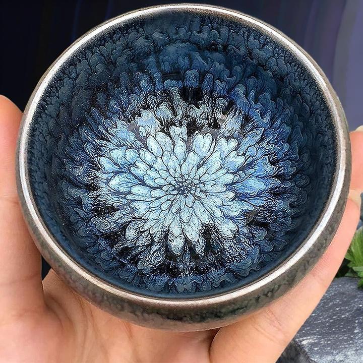 百花铁胎建盏功夫茶具套装喝茶个性主人杯建阳建盏黑底铁胎窑变盏