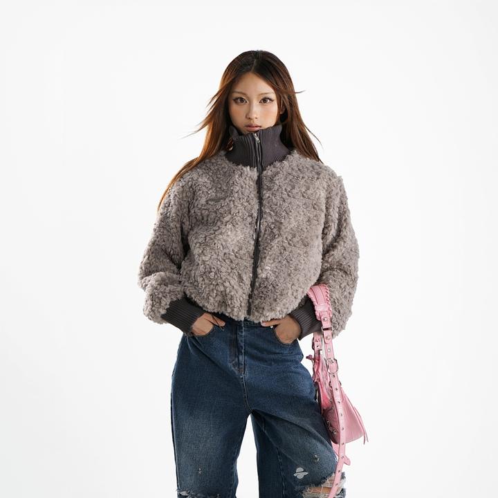 韩版通勤休闲时尚短款宽松冬季保暖羊羔绒立领高领棉服毛绒棉衣女