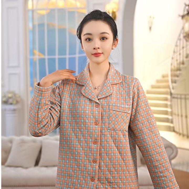 秋鹿RC夹棉印格女冬季女士睡衣厚款格子