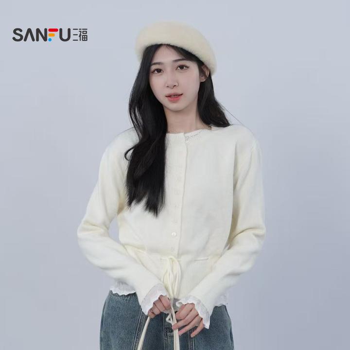 三福 冬季INS风毛针织衫女针织长袖拼接INS风显瘦百搭514065