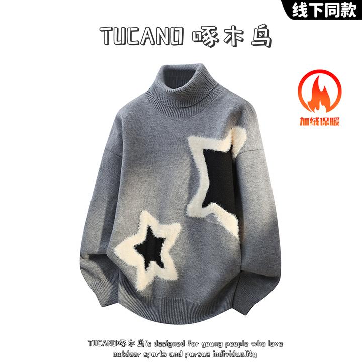 啄木鸟慵懒风毛衣秋冬季潮牌星星剌绣拼色高领提花针织打底衫线衣