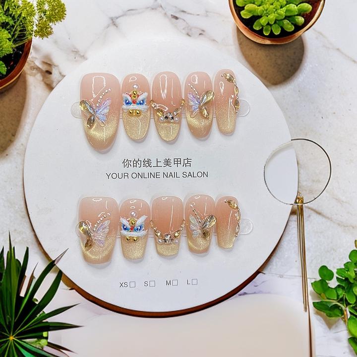 新年醒狮纯手工穿戴甲高级轻奢穿猫眼戴式美甲贴长款显白百搭闪耀