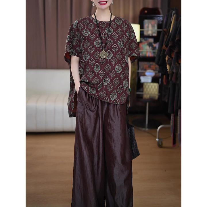 高档民族风时尚套装女2025夏新款休闲百搭宽松显瘦大码上衣+长裤