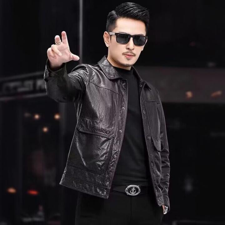 法尔利格秋季新款绵羊真皮皮衣男翻领时尚修身韩版皮夹克休闲外套