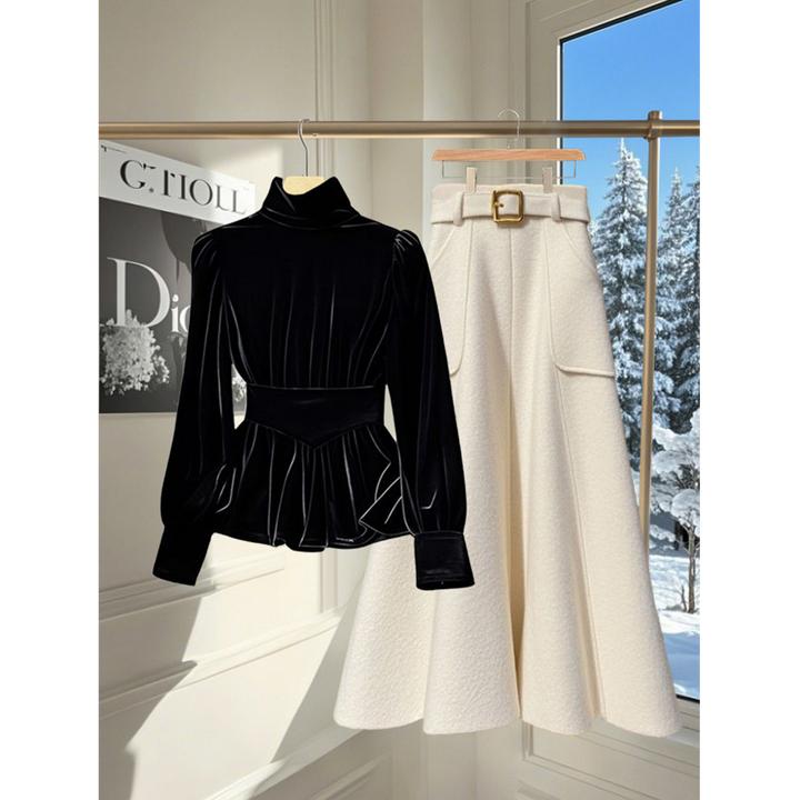 2025洋气轻奢高级感气质黑色显瘦上衣高腰时尚百搭小香风半身裙女