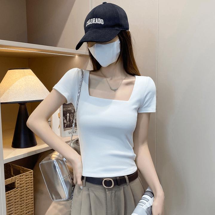 芯娇晴白色方领短袖t恤女韩系低领修身露锁骨打底内搭u领加厚上衣