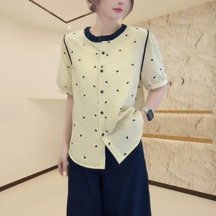 2025新款夏季爆款时尚爱心拼色衬衣韩版百搭宽松圆领短袖衬衫女款