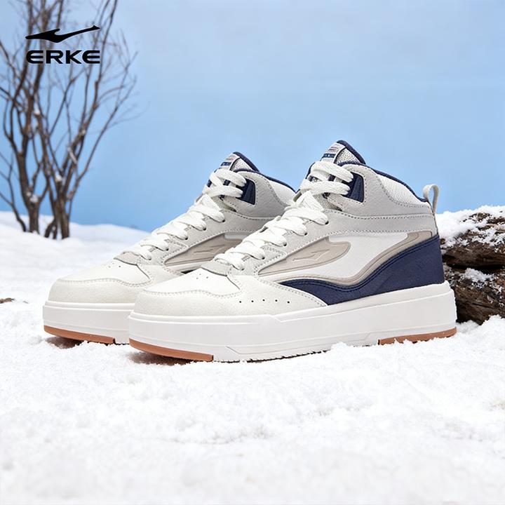 无双lite鸿星尔克男鞋秋冬保暖高帮时尚板鞋户外革面防泼水休闲鞋