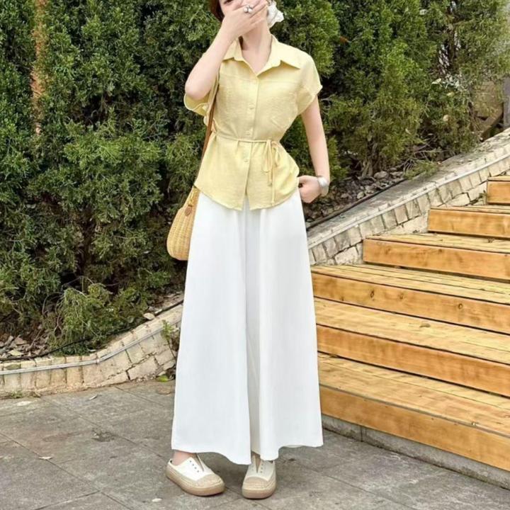 气质时尚套装女2025夏季新款韩系显瘦小飞袖衬衫高腰阔腿裤两件套