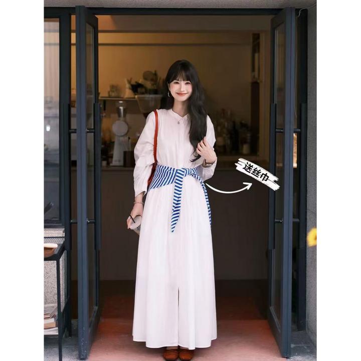【运费补贴】法式白色长袖连衣裙2025早秋气质高级感宽松显瘦长裙