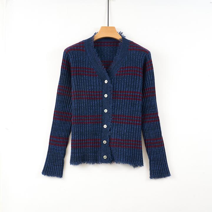 天山【100山羊绒】2025秋冬新款-小蛮腰 V领条纹羊绒衫-YKNL5793T