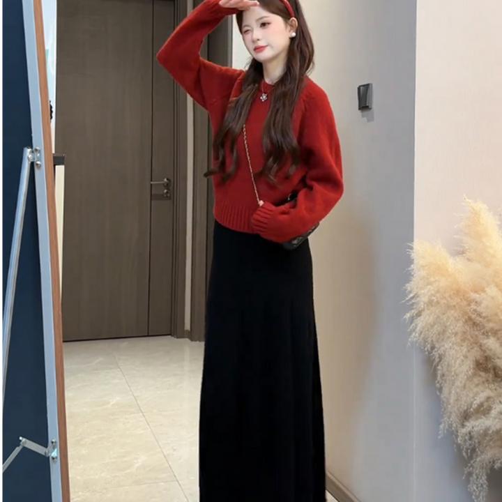 超显白落日橘色圆领套头毛衣女秋冬韩系小个子短款针织打底衫加厚