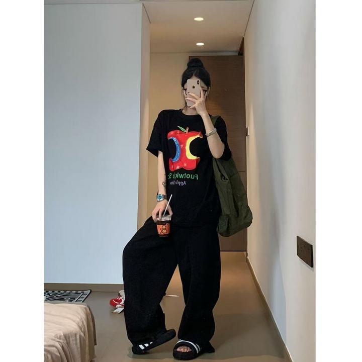 夏季新款女装抽象苹果印花重磅纯棉T恤短袖宽松休闲百搭圆领上衣