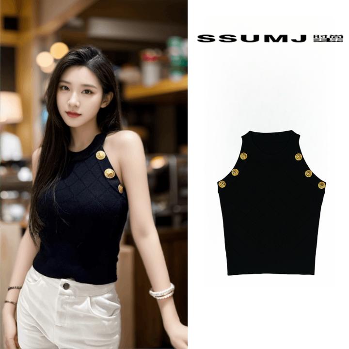 B24230新款立体感菱格纹金扣针织背心女春修身显瘦遮肉挂脖短上衣