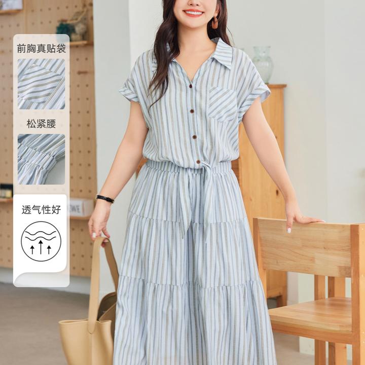 【条纹绑带收腰连衣裙】MsShe大码女装V领衬衫长裙子S2507024