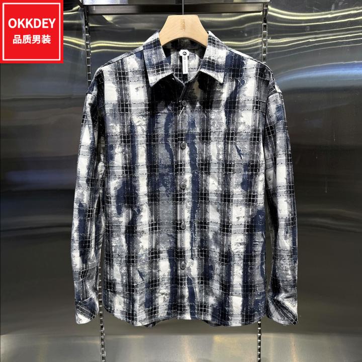 男士春秋季新款潮流格纹长袖衬衫高级感男装时尚百搭宽松衬衣外套