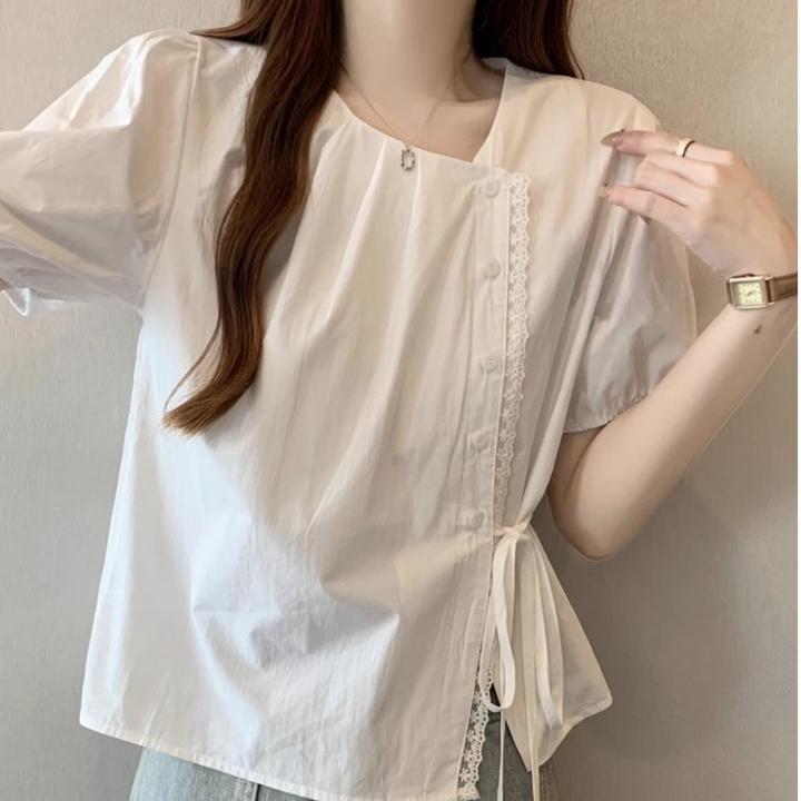 设计感白色短袖衬衫女夏季2025新款大码胖mm宽松遮肚系带正肩上衣