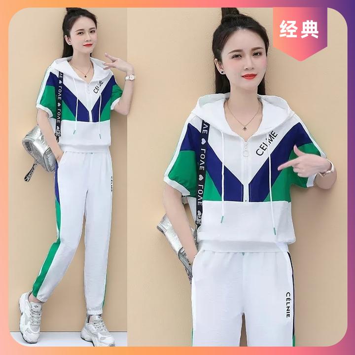 啄木鸟运动新款长裤两件套休闲套装夏季拼色连帽宽松时尚女宽松显