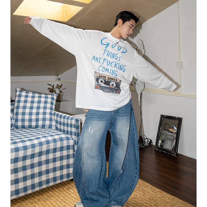 100%纯棉春秋季字母印花长袖T恤休闲百搭上衣圆领t恤韩版宽松男士