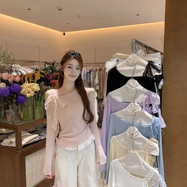 简约露肩设计蕾丝绑带针织衫女春季纯欲温柔风修身显瘦长袖I1-45