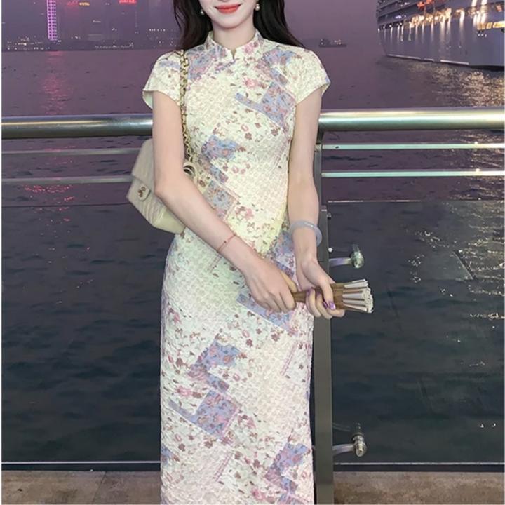 【伊琳儿】夏季春晓语蝶新中式蕾丝碎花概改良旗袍收腰连衣裙女装裙