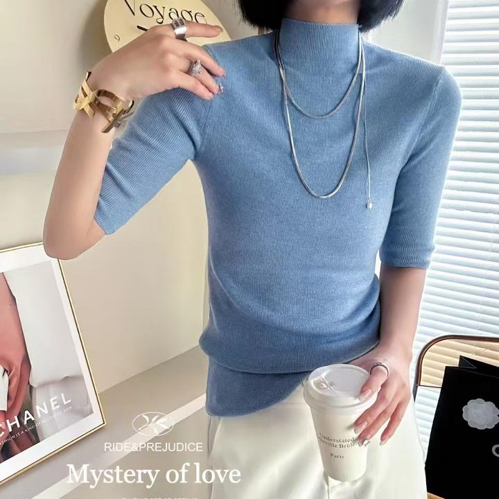 100%全羊毛中领圆领显瘦春夏短袖打底衫2633五分袖