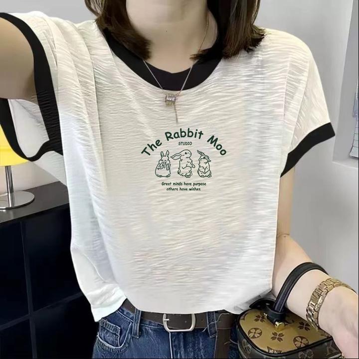 白色正肩圆领t恤女夏季高级感微胖显瘦短袖洋气百搭宽松上衣时尚