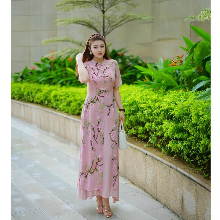 XYD71658桃花印花优雅长裙珍珠雪纺大码女装连衣裙气质收腰大裙摆